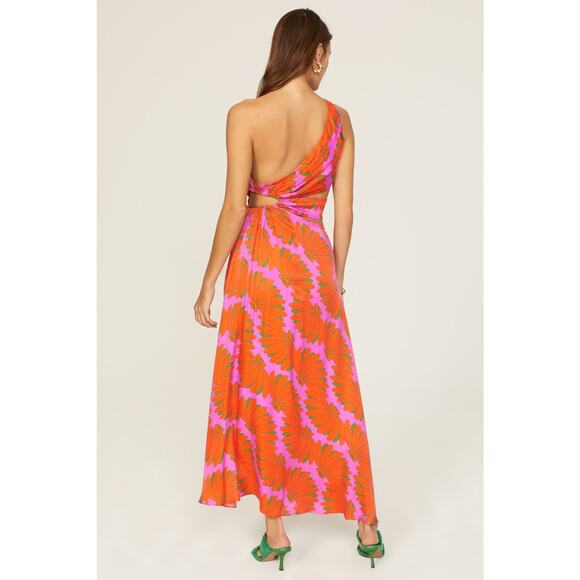 FARM RIO Orange Pink One Shoulder Ruched Waist Tie Copacabana A-Line Dress S - Picture 4 of 16